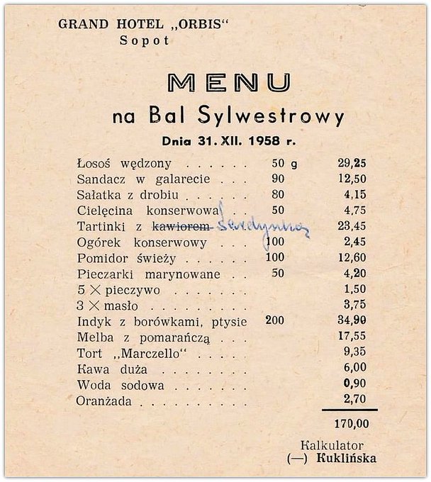 lata8290's tweet photo. Menu Sylwestrowe z 31 grudnia 1958 roku. Co zamawiamy? 🧐 https://t.co/2mXLcPN4S2