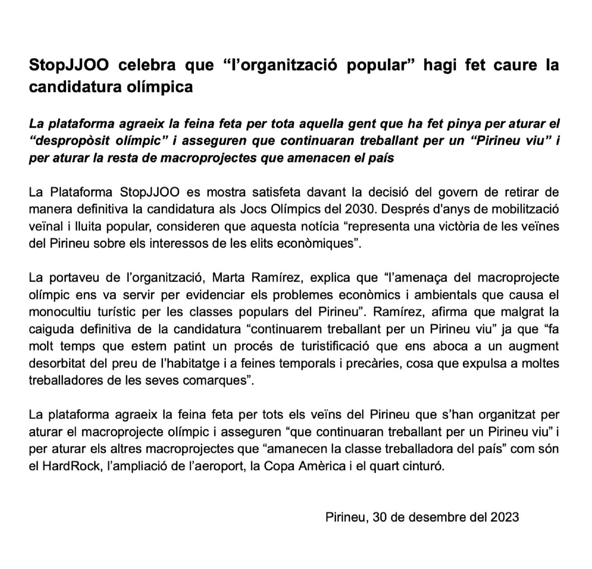 stopjjoo's tweet photo. [Comunicat de premsa] 

StopJJOO celebra que “l’organització popular” hagi fet caure la candidatura olímpica https://t.co/d2NvuKmFY8