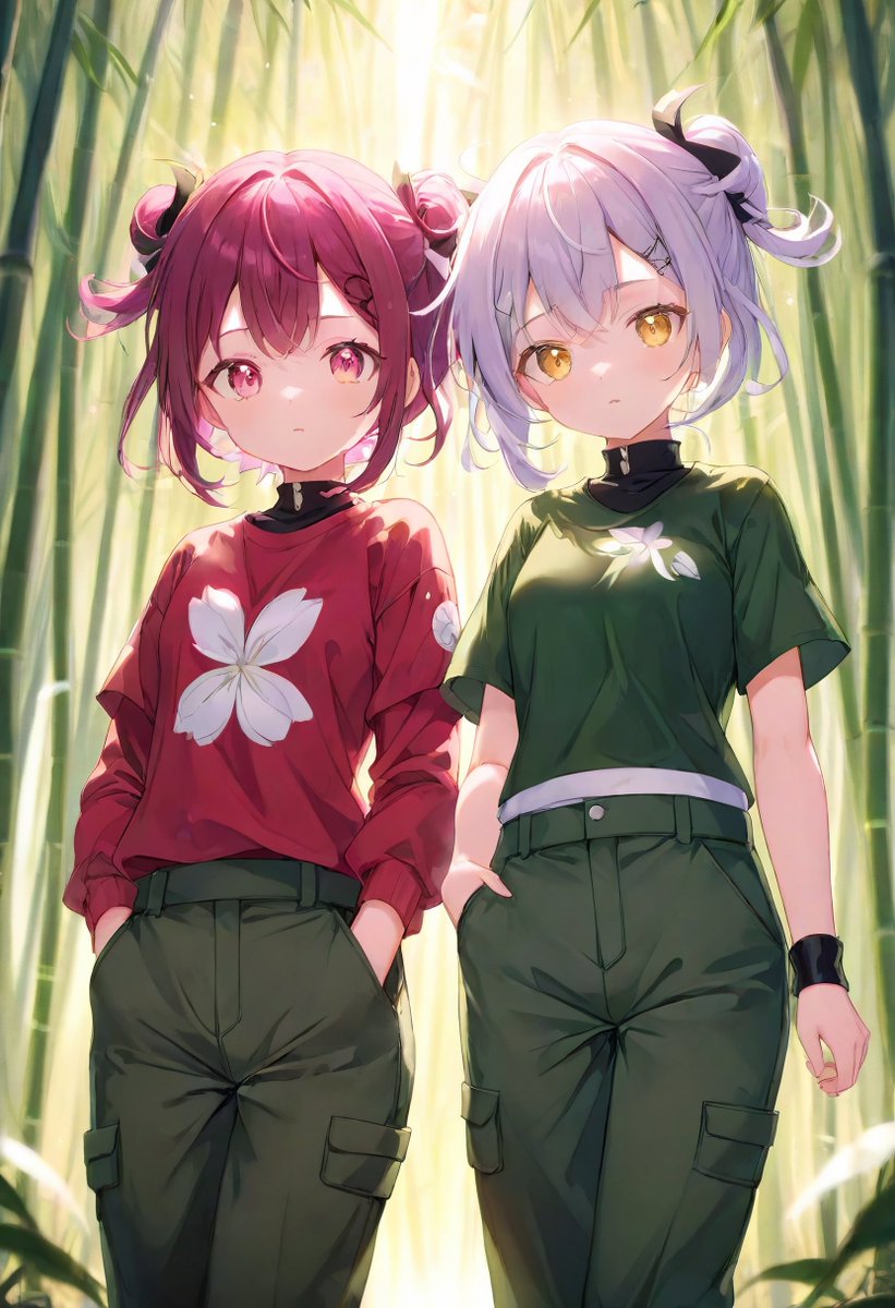 bamboo forest 2girls multiple girls bamboo pants shirt double bun  illustration images