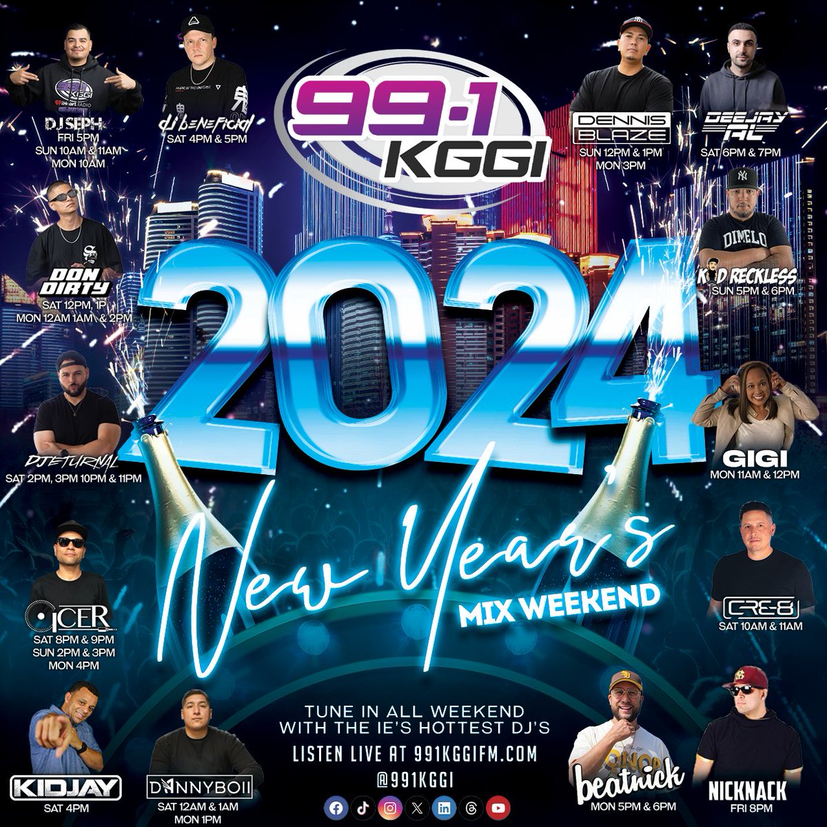991KGGI's tweet photo. Letβs end the year with a bang! π₯ #PeaceOut2023 with our #NewYear's mixes from our All-Star Mixers on 99.1 KGGI now thru Monday, January 1st! Listen live on your radios, @iHeartRadio app or at https://t.co/HpgVsAPiGp. #HappyNewYear from your 99.1 KGGI fam! https://t.co/GWTK98AJV6