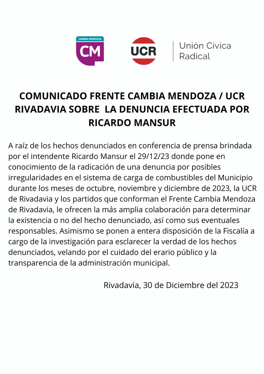 Comunicado UCR Rivadavia / Frente Cambia Memdoza - Rivadavia