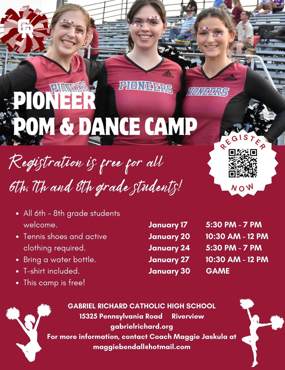 All 6th, 7th and 8th graders are invited to our free Pioneer Pom and Dance Camp. Registration is required: forms.gle/iDYVeqMwMbEY1F…