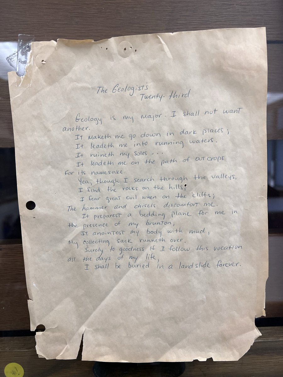 alexyaskye's tweet photo. I posted already but oh my god this old yellowed poem taped on the wall of the Mount Holyoke geology lab is so important to me. I love Mount Holyoke geologists. 

Surely to goodness if I follow this vocation all the days of my life, 
I shall be buried in a landslide forever. https://t.co/53nOCz6lw9