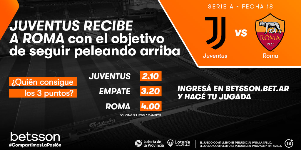 La liga italiana nos trae un gran partido entre #Juventus y #Roma y junto a <a href="/Betsson_ARG/">Betsson Argentina</a> vos también podés hacer tu mejor jugada! Entrá al link y enterate más.
#juegoresponsable 
Jugar es para mayores de 18 años
pba.betsson.bet.ar/apuestas-depor…