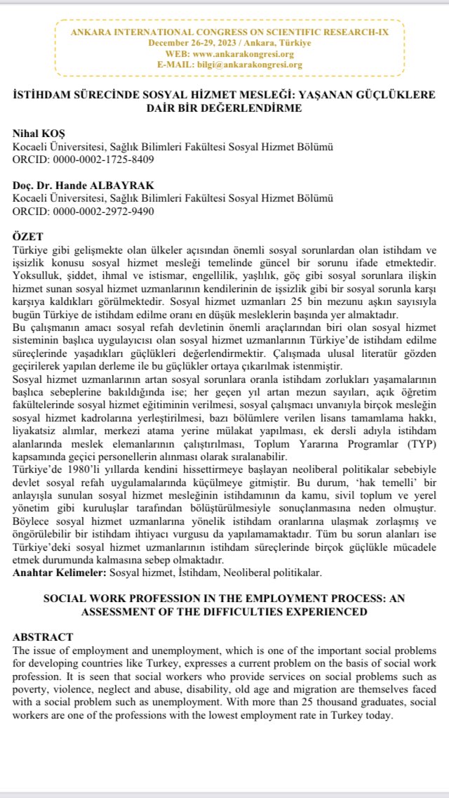 ANKARA INTERNATIONAL CONGRESS ON SCIENTIFIC RESEARCH-IX: İSTİHDAM SÜRECİNDE SOSYAL HİZMET MESLEĞİ: YAŞANAN GÜÇLÜKLERE DAİR BİR DEĞERLENDİRME İsimli  çalışmamıza göz atabilirsiniz. docs.google.com/document/d/1b3… <a href="/tcailesosyal/">T.C. Aile ve Sosyal Hizmetler Bakanlığı</a>
