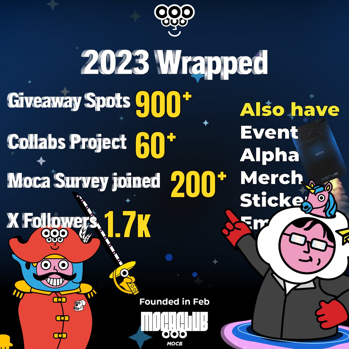 MocaClub's tweet photo. 2023 MocaClub Wrapped🪬
Since its founding in Feb, MocaClub has achieved great things!🔥 Thanks to the support of the MocaFam, we've been able to improve and build the Moca community together. #MocaFam #Mocalized #MocaClub https://t.co/1u0mSsYFSX