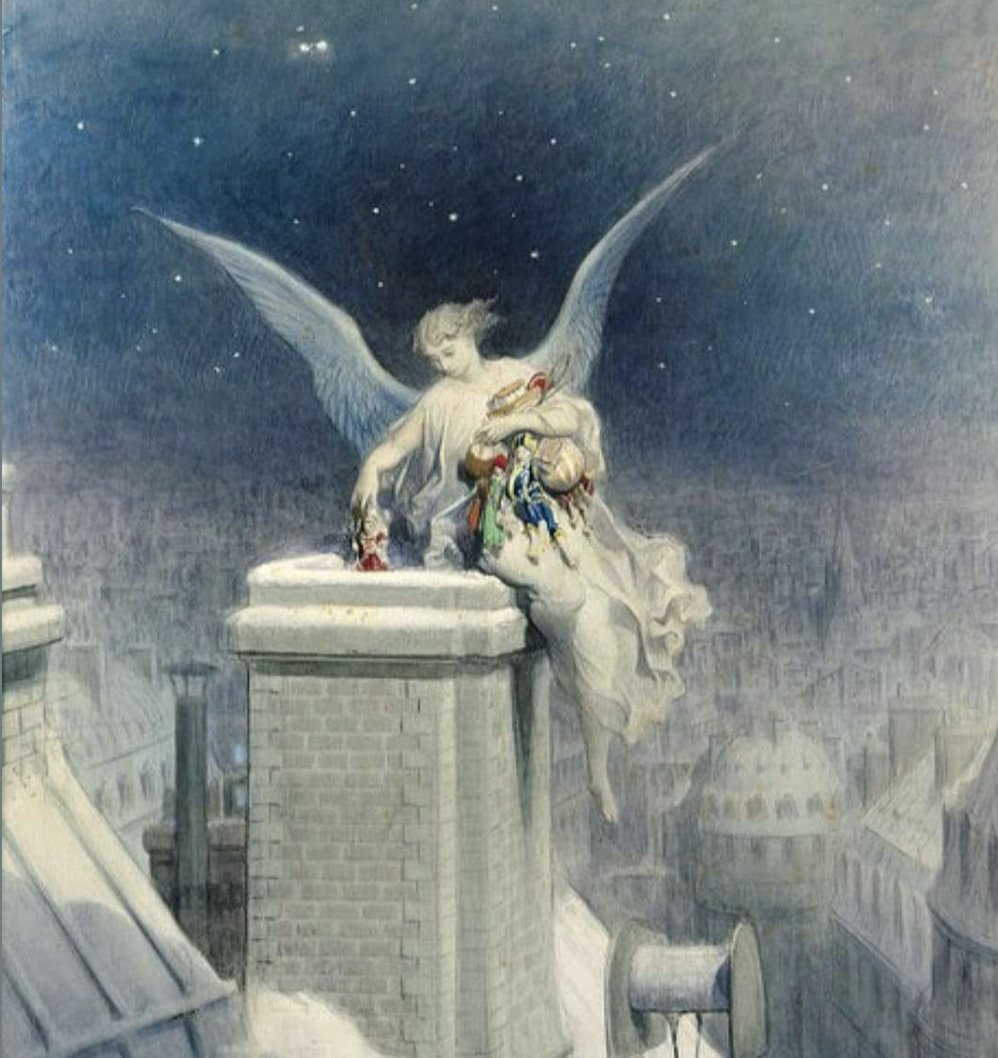 'Having tragically collided with Santa's sleigh, Angel Gladys took it upon herself to deliver those toys she'd managed to salvage from the wreckage.' Detail from La Nuit de Noël (Christmas Eve), undated, by French artist Gustave Doré (1832-1883), Musée d'Orsay, Paris