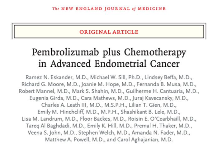DrChoueiri's tweet photo. In this phase 3 trial, the addition of #pembrolizumab to standard paclitaxel plus carboplatin chemotherapy in advanced #endometrial cancer resulted in 70% decrease in disease progression or death in #dMMR cohort. @NEJM @rne_md @aghajanc 

https://t.co/CnZ80QnLYN https://t.co/hJbSYnsbvn