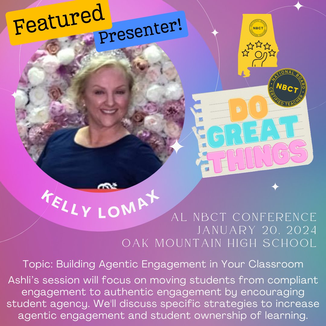 alnbctnetwork's tweet image. We are excited to offer multiple sessions from accomplished teachers who are paying it forward to help #NB2B and #MOC candidates! Thank you for offering your expertise! Register now for the #ALNBCT Conference at bit.ly/alnbct2024 @NBPTS #NBCTstrong @AlabamaAchieves