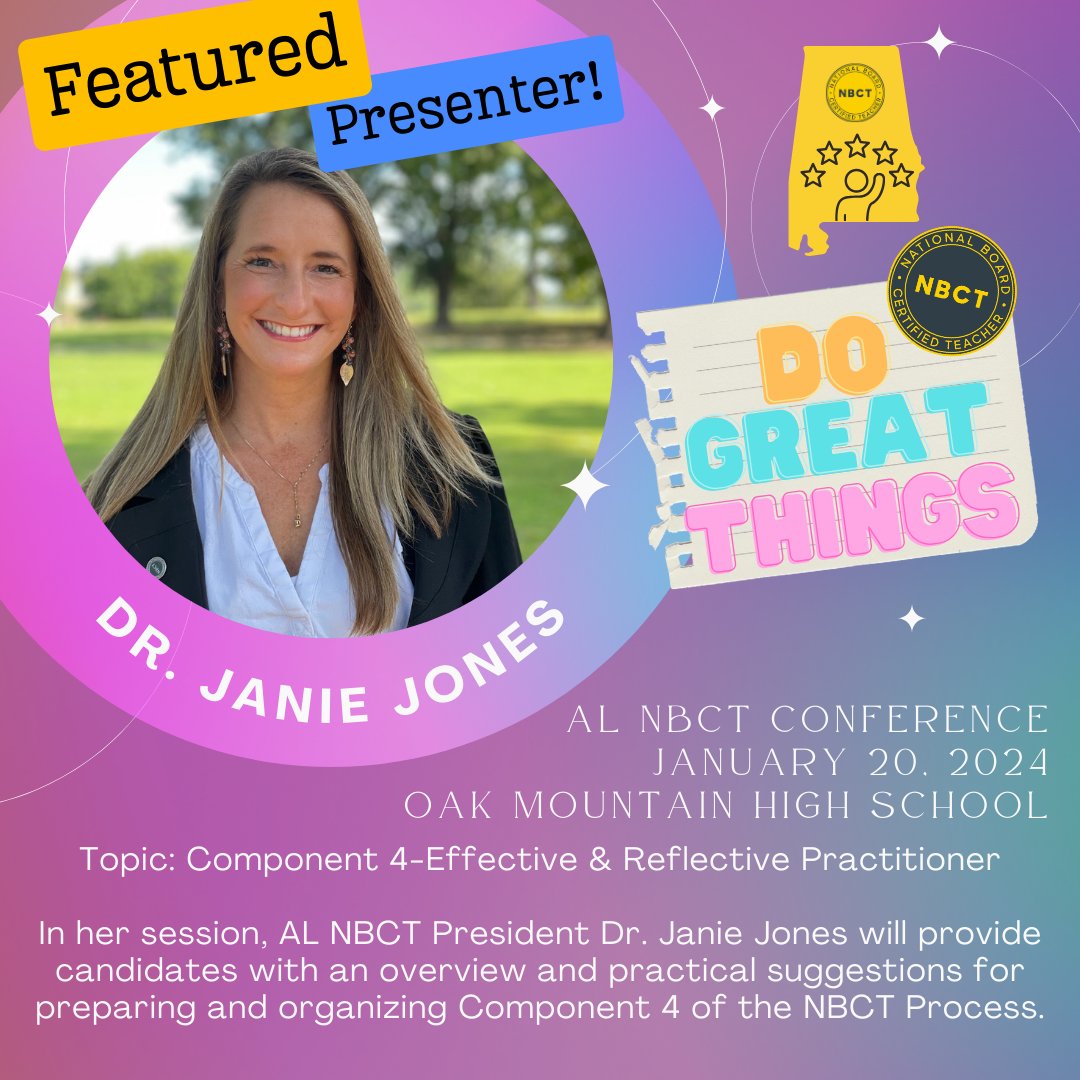 alnbctnetwork's tweet image. We are excited to offer multiple sessions from accomplished teachers who are paying it forward to help #NB2B and #MOC candidates! Thank you for offering your expertise! Register now for the #ALNBCT Conference at bit.ly/alnbct2024 @NBPTS #NBCTstrong @AlabamaAchieves