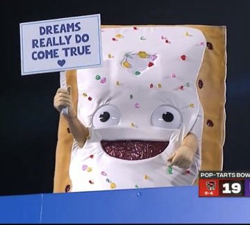 If you start the Pop Tarts Bowl post game show on December 31st at 11:46:52 then the Pop Tart will emerge from the toaster as the clock strikes midnight. 

Start off the new year by making dreams come true.