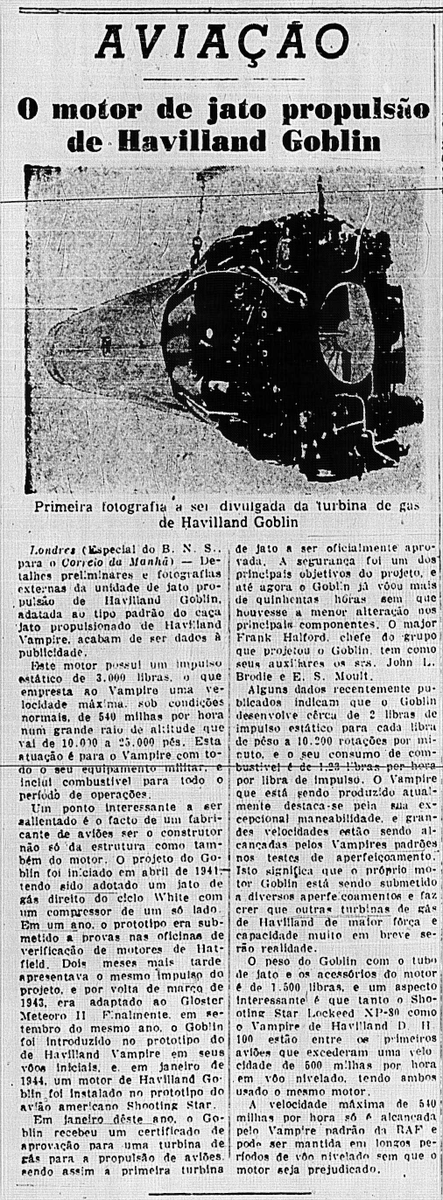 sentandoapua's tweet photo. Notícias da Aviação: 01JAN1946-O motor de jato propulsão De Havilland Goblin https://t.co/87FIsgnGP1
#JAN46 #CorreioDaManhã #DeHavilland #Goblin #jato @deHavMuseum https://t.co/QzwqUpMs94