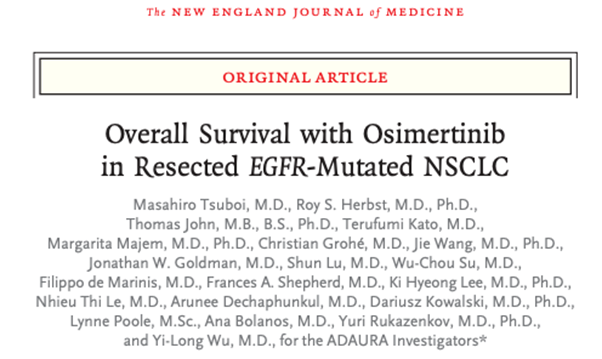 DrChoueiri's tweet photo. Paper 5: 

Adjuvant #osimertinib shows ⬆️OS in patients with completely resected, EGFR-mutated, stage IB to IIIA #NSCLC, according to the #ADAURA trial. #ASCO23 #Tsuboi @DrRoyHerbstYale @NEJM 
https://t.co/3xVSWMaEph https://t.co/al3Xpu4DX6