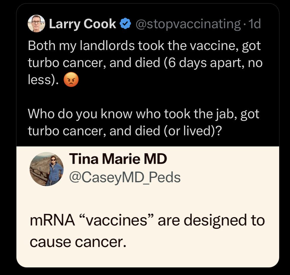 Dear people,

There is no such thing as turbo cancer. It is impossible for cancer cells to divide fast enough to form a tumor and for that cancer to metastasize in 6 days. mRNA vaccines not only don’t cause cancer, they were used as treatments FOR cancer over 10 years ago.