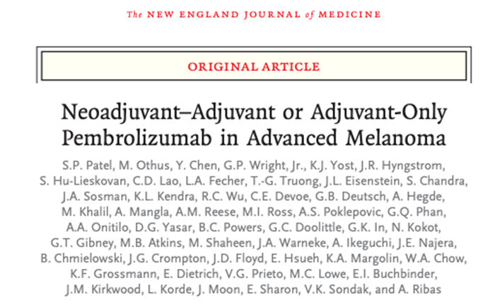 DrChoueiri's tweet photo. Paper 7:

In patients with resectable stage III/IV melanoma, neoadjuvant+adjuvant #pembrolizumab showed significantly higher EFS than adjuvant alone with no additional toxicity. 2-year EFS:  72% vs 49%. Trial led by the amazing @DrSapnaPatel @NEJM 

https://t.co/NKAOzvIFkq https://t.co/x3TEiAun9Y