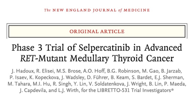 DrChoueiri's tweet photo. Paper 6:

RET inhibitor #Selpercatinib showed ⬆️PFS (HR = 0.28) and treatment failure-free survival (HR = 0.25) vs. cabozantinib / vandenatinib in patients with RET–mutant medullary #thyroid cancer. @NEJM 

https://t.co/qiihdhuy5O https://t.co/fK8XJCOSPn
