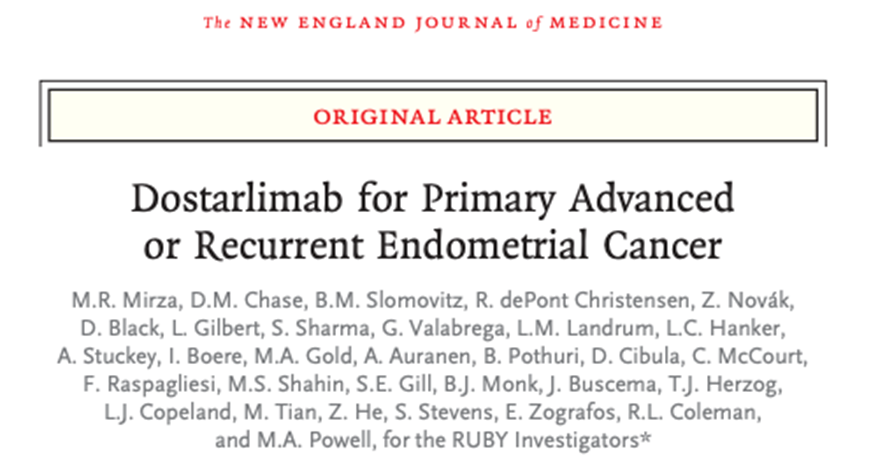 DrChoueiri's tweet image. Paper 10:

Phase 3 RUBY trial shows benefit of adding PD-1 inhibitor #dostarlimab to carboplatin and paclitaxel in patients with primary advanced or recurrent #endometrial cancer. In dMMR–MSI-H cohort, 2-year PFS: 61.4% vs 15.7% (HR 0.28). @NEJM 

nejm.org/doi/full/10.10…