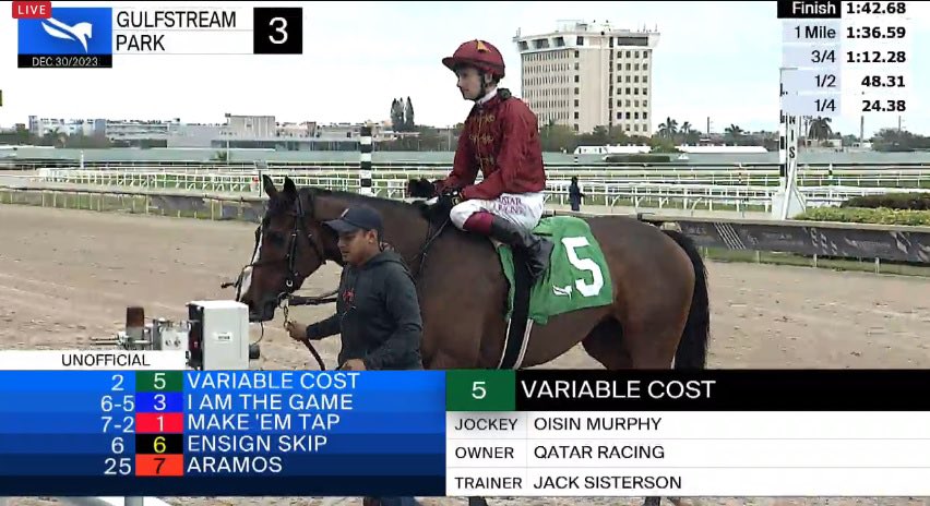 Thank you to @FahadAlthaniQR + @JackSisterson - Variable Cost puts me on the scoresheet @GulfstreamPark this afternoon. 🇺🇸 @Qatar_Racing @Neptunesportsm1