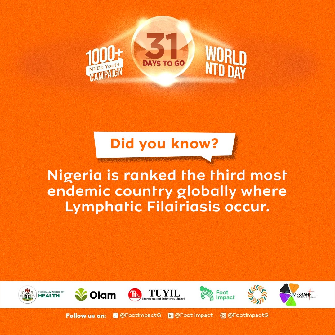 FootImpactG's tweet photo. Lymphatic Filariasis prevails as an endemic affliction in numerous tropical and subtropical regions, impacting millions. Its ubiquity is intricately linked with socio-economic determinants, giving rise to vulnerable pockets.
#31daystogo #BeatNTDsNaija #EndNTDs https://t.co/QSWFNrKNCC