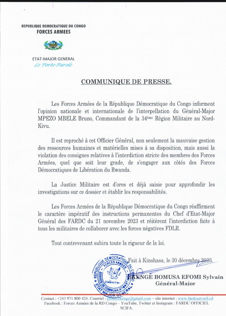 Communiqué de Presse des @FARDC_off du 30 décembre 2023