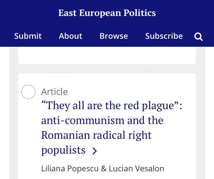 Awarded article🏆 #populism #AUR #Romania #radicalright
The paper examines how a radical right #populist party uses ‘anti-communism’ to produce an anti-establishment discourse and consolidate ultra-conservative political values. The Alliance for the Unity of Romanians … 1/4