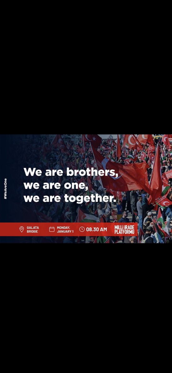 ahmetbasogul44's tweet photo. Soykırımcı İsrail'in işgaline karşı 1 Ocak 2024 sabahı birleşiyoruz. #WeAreOne 

Tarih; din, dil, ırk fark etmeksizin “Şehitlerimize rahmet, Filistin’e destek, İsrail'e lanet” edenlerin yürüyüşünü yazacak.
📅 Tarih: 1 Ocak 2024
🕒 Saat: 08.30
📍 Galata Köprüsü https://t.co/Uk8DV8cL14