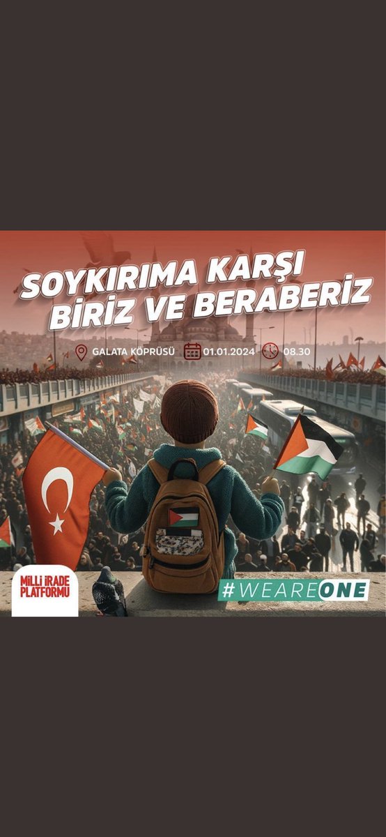 ahmetbasogul44's tweet photo. Soykırımcı İsrail'in işgaline karşı 1 Ocak 2024 sabahı birleşiyoruz. #WeAreOne 

Tarih; din, dil, ırk fark etmeksizin “Şehitlerimize rahmet, Filistin’e destek, İsrail'e lanet” edenlerin yürüyüşünü yazacak.
📅 Tarih: 1 Ocak 2024
🕒 Saat: 08.30
📍 Galata Köprüsü https://t.co/Uk8DV8cL14