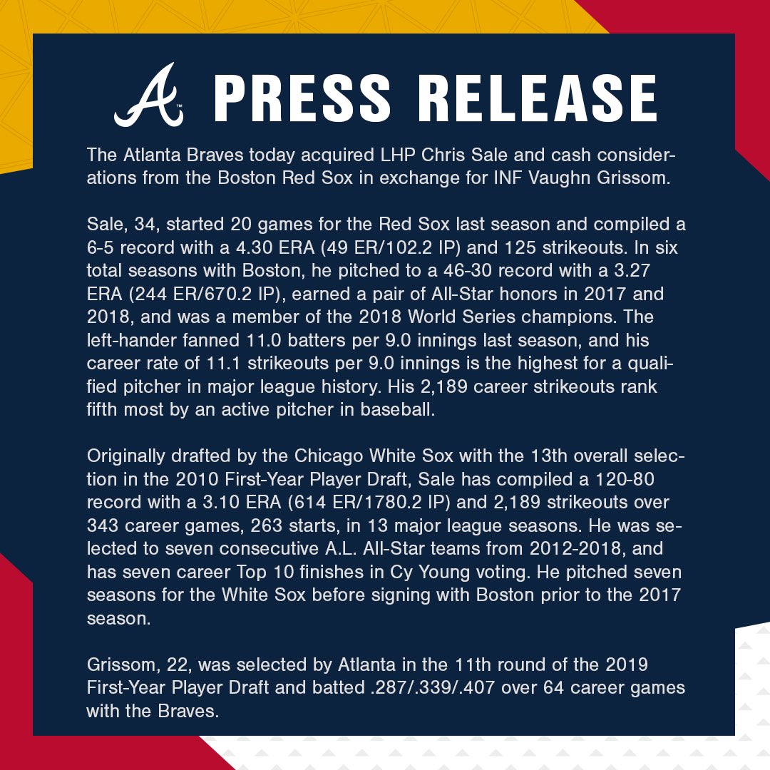 The Atlanta #Braves today acquired LHP Chris Sale and cash considerations from the Boston Red Sox in exchange for INF Vaughn Grissom.