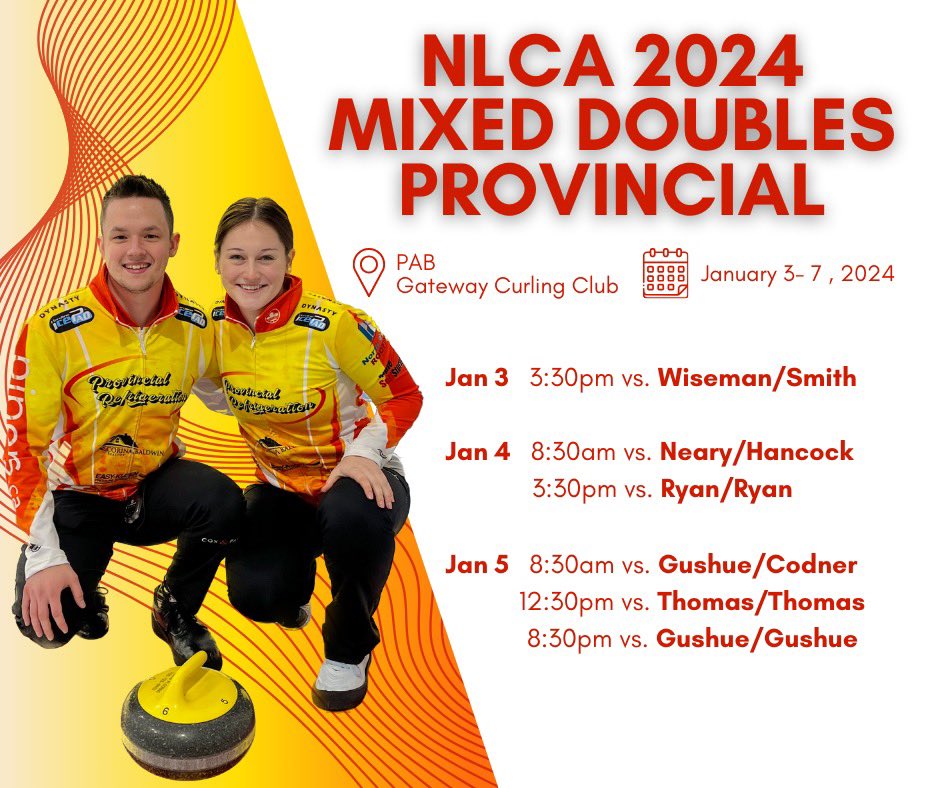 And… we’re back! The NLCA 2024 Mixed Doubles Provincial will be live this week at the Gateway Curling Club in Port-Aux-Basque! 
We kick off in our first game this Wednesday against good friends Team Wiseman/Smith!