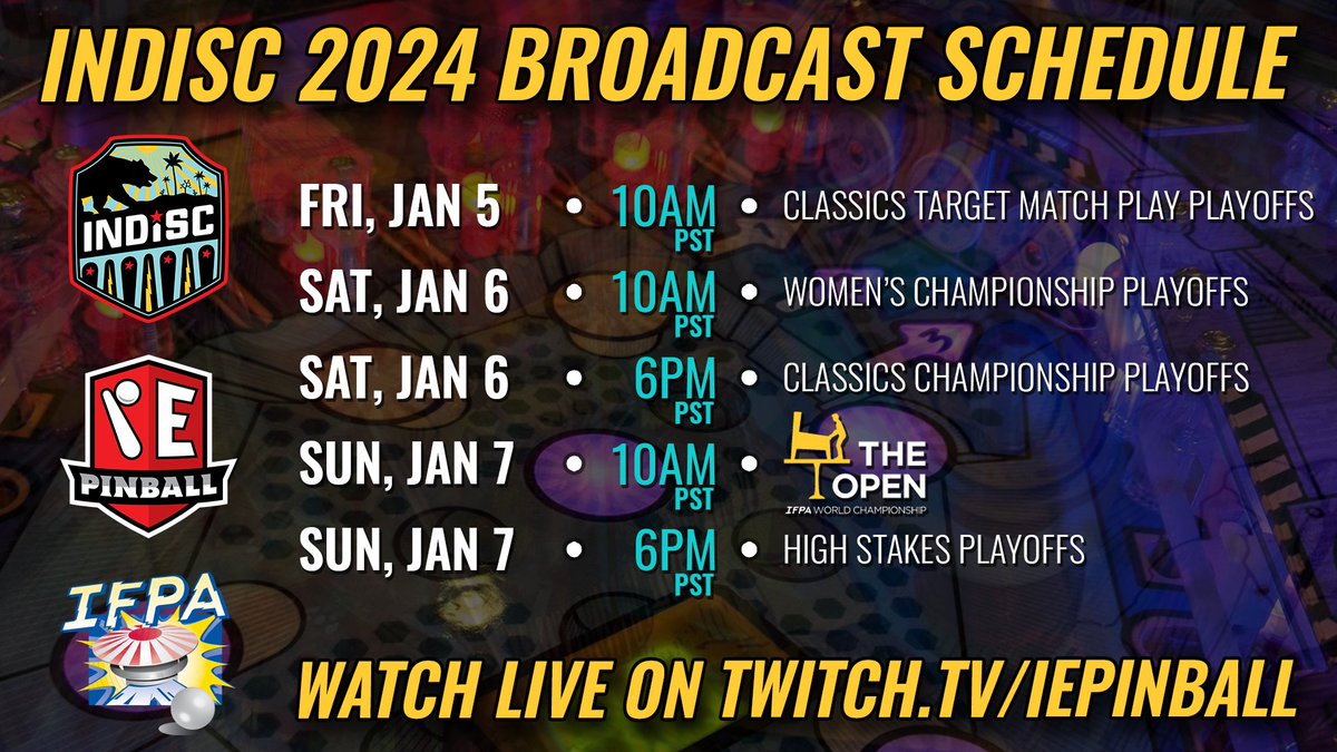 INDISC 2024 is just a few days away! We are very much looking forward to seeing everyone very soon.

Those unable to attend can tune in to over 30 hours of playoffs action beginning Friday, January 5 on twitch.tv/iepinball !

#pinball #indisc #ifpa #theopen #worldchampionship