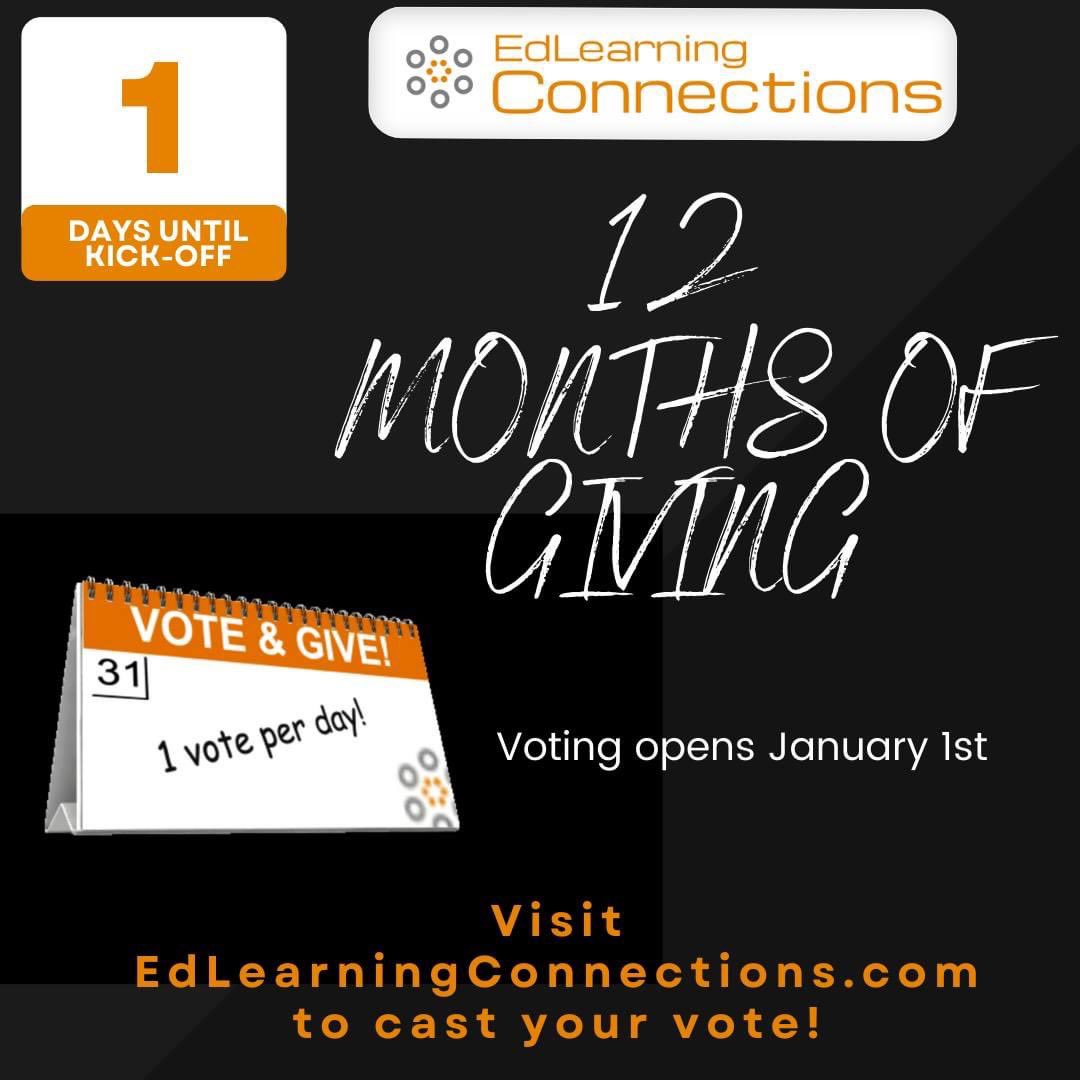 EdLearningC's tweet photo. One day until our kick-off to 12 Months of Giving!  Starting Jan 1st, cast your vote each day for one of our 3 charities of the month, and the one with the most votes will receive a donation from EdLearning Connections.  January's selected organizations were all started by kids! https://t.co/u7JAcRhjV5