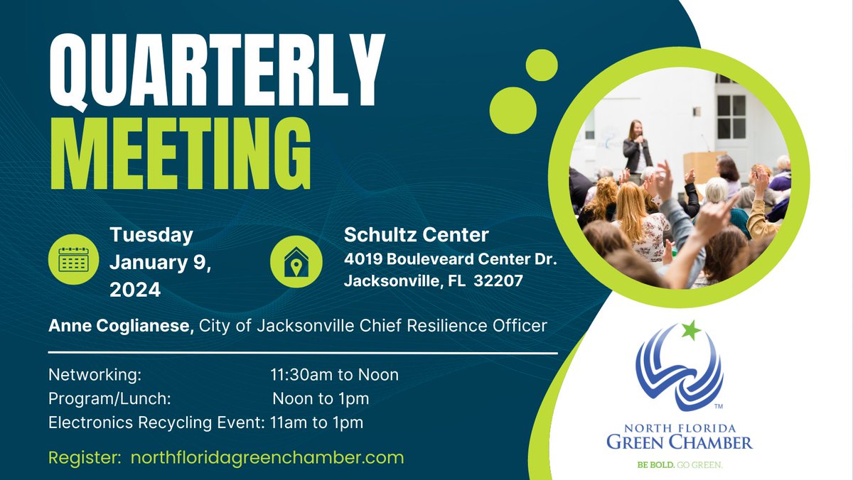 green_north's tweet photo. Join us Tuesday, January 9th @SchultzCenter for our quarterly lunch meeting featuring @CityofJax Chief Resilience Officer, Ann Coglianese. Register https://t.co/wLXRrZ1G5f #resiliencestrategy https://t.co/kJV5Kq2eq0