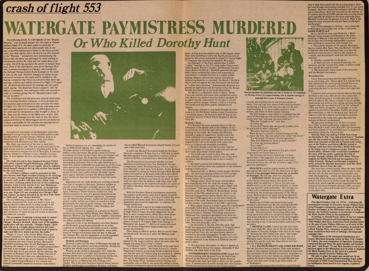 timfattig's tweet photo. This is a still-relevant 1973 #BostonPhoenix article by the late #CarlOglesby, drawing on the research of noted Chicago investigator #ShermanSkolnick, regarding the crash of #UnitedFlight553 and the suspicious death of #Watergate figure #DorothyHunt. https://t.co/DzyjbKMl3r