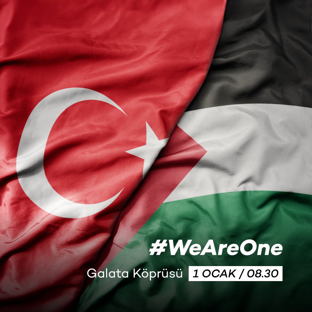 avadursun's tweet photo. Şehitlerimiz ve Filistinli kardeşlerimiz için 01 Ocak Pazartesi günü saat 08.30’da Galata Köprüsü’nde buluşuyoruz 🇹🇷🇵🇸

#WeAreOne https://t.co/MIu1JqgunD