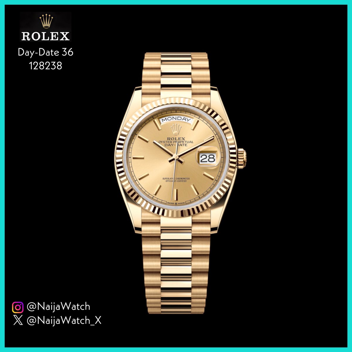 NaijaWatch_X's tweet photo. Head to Instagram for the detailed review
> https://t.co/ul5TOED5s2 <
#OnyiiAlex @Rolex
#Rolex #DayDate #DayDate36 #128238 #YellowGold #SwissWatch #Chronograph #Tourbillion #Complications #Horology #Wristwatch #Timepiece #GMT #Luxury #PopCulture #RKOI #Nollywood #NaijaWatch https://t.co/QCriLhfps9