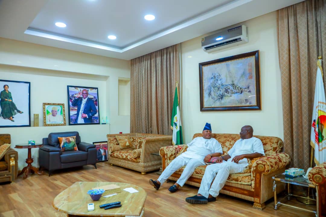 Osun State Governor, Senator Ademola Adeleke, during his visit to the former Governor of Ekiti State, Ayo Fayose, in his Lagos residence today.