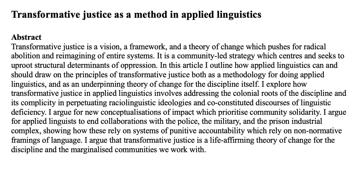 coming early 2024 in Annual Review of Applied Linguistics: Transformative justice as a method in applied linguistics