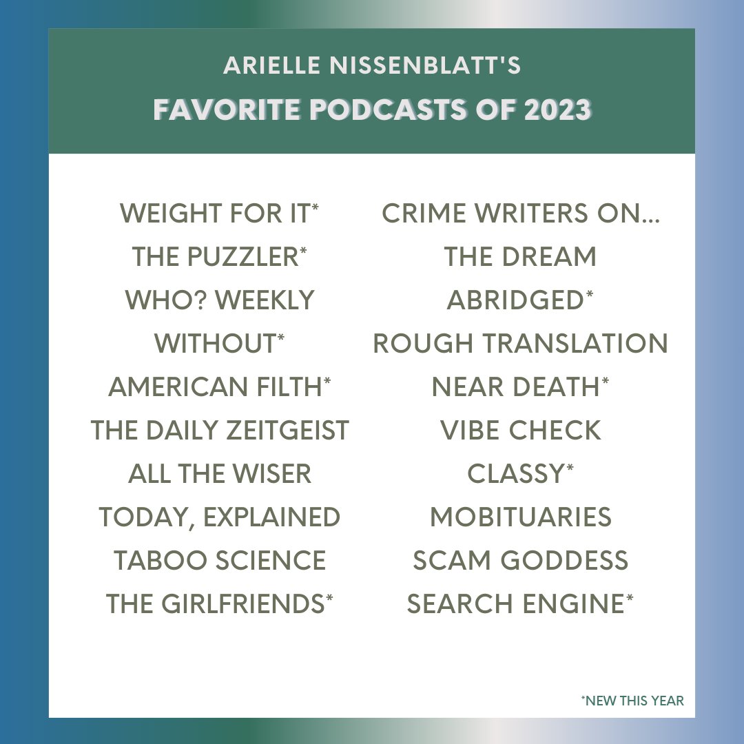 While I wait for @barackobama to add podcasts to his end-of-year roundups image (🤞), I made one of my own. These are shows I LOVED this year. Some are new from 2023 and some are re-listens. All of them blew my mind or entertained or accompanied or challenged me.