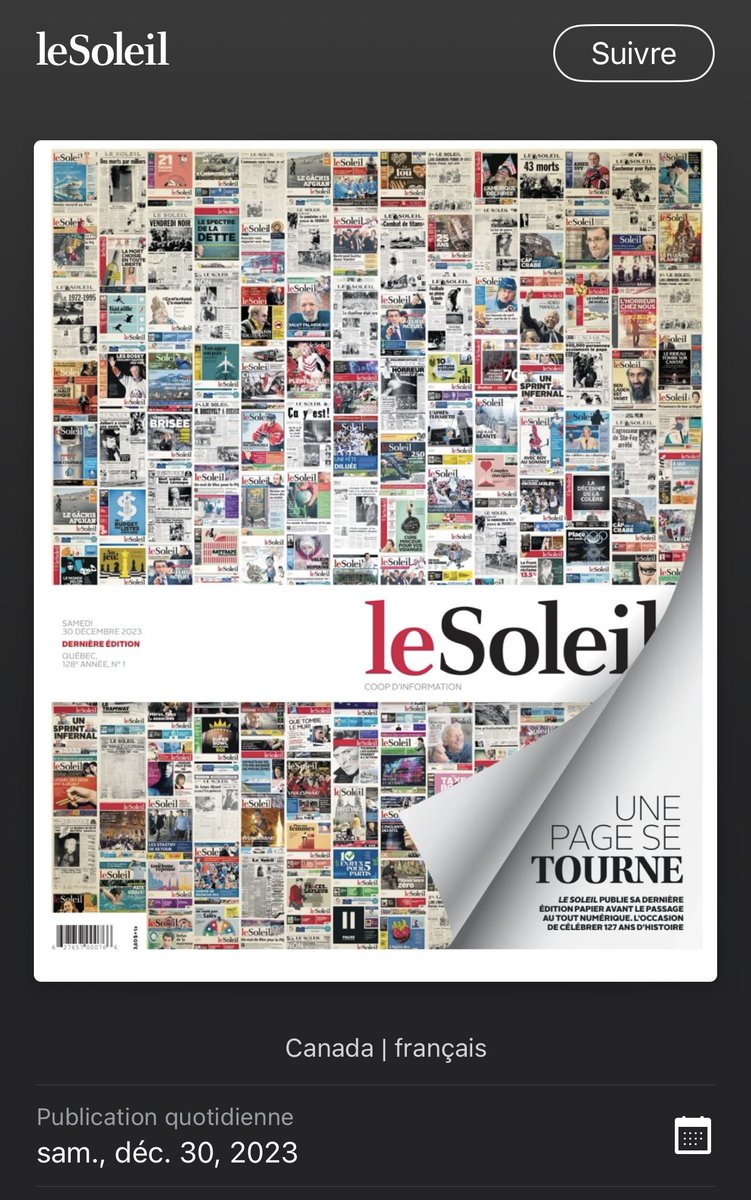 Ironie du sort, je ne suis pas à Qc pour lire cette dernière édition en « papier » Mais cette page d’histoire qui se tourne provoque chez moi de grandes émotions et réflexions. Douces pensées pour tous les artisans d’hier et d’aujourd’hui! Merci <a href="/lesoleildeqc/">Le Soleil</a>