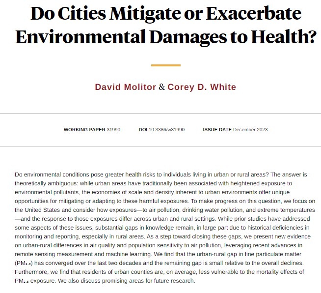 NBER (@nberpubs) on Twitter photo Evidence on urban-rural differences in air quality and population sensitivity to air pollution shows that residents of urban counties are less vulnerable to the mortality effects of air pollution, from <a href="/davidmolitor/">David Molitor</a> and <a href="/corey_d_white/">Corey White</a> nber.org/papers/w31990 Evidence on urban-rural differences in air quality and population sensitivity to air pollution shows that residents of urban counties are less vulnerable to the mortality effects of air pollution, from <a href="/davidmolitor/">David Molitor</a> and <a href="/corey_d_white/">Corey White</a> nber.org/papers/w31990