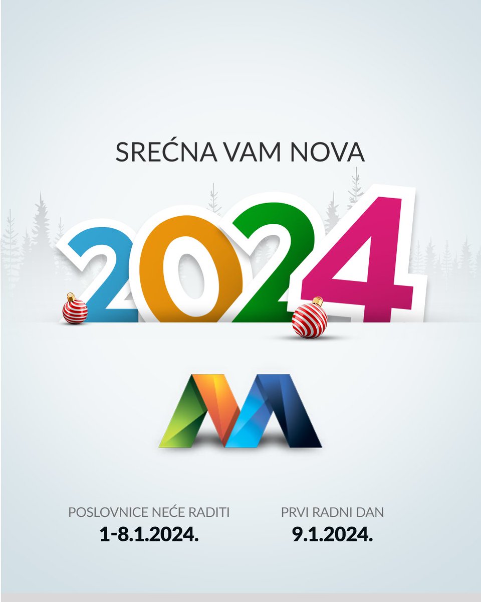 MulticomRetail's tweet image. Svima vama, našim prijateljima, želimo da se zahvalimo na povjerenju koje ste nam ukazali i da vam poželimo srećnu, bolju i uspješniju novu 2024. godinu 📷

Naše poslovnice neće raditi od 1-8.1.2024., a od 9.1. smo ponovo tu za vas

Kolektiv Multicom Retail-a