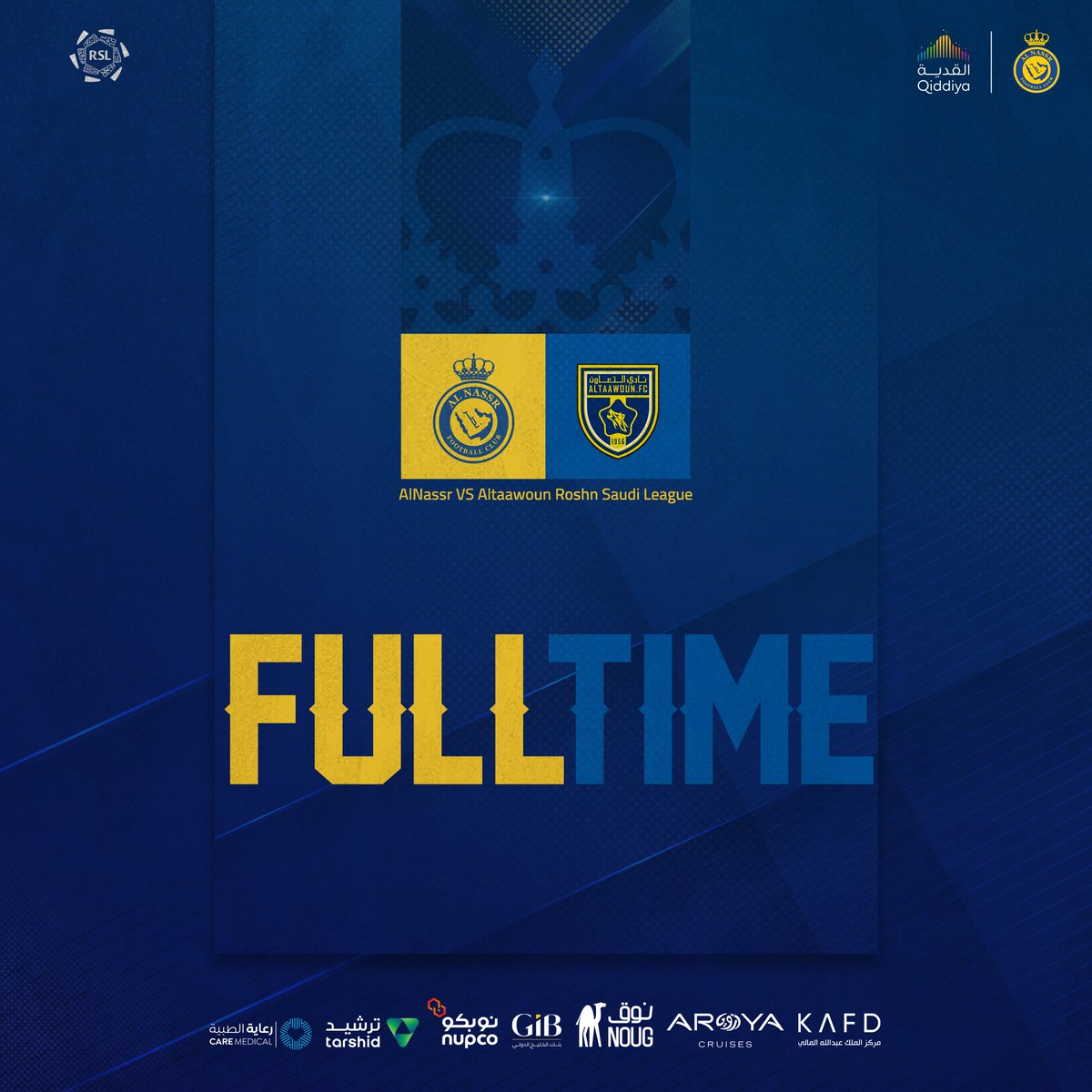 🔚 | صافـرة النهايـة!

النصر 4 - 1 التعاون
⚽️ مارسيلو بروزوفيتش
⚽️ ايميريك لابورت
⚽️ أوتافيو مونتيرو
⚽️ كريستيانو رونـالدو

مبروك يا عـالميين 💛💙
#النصر_التعاون | #AlNassrAlTaawoun
