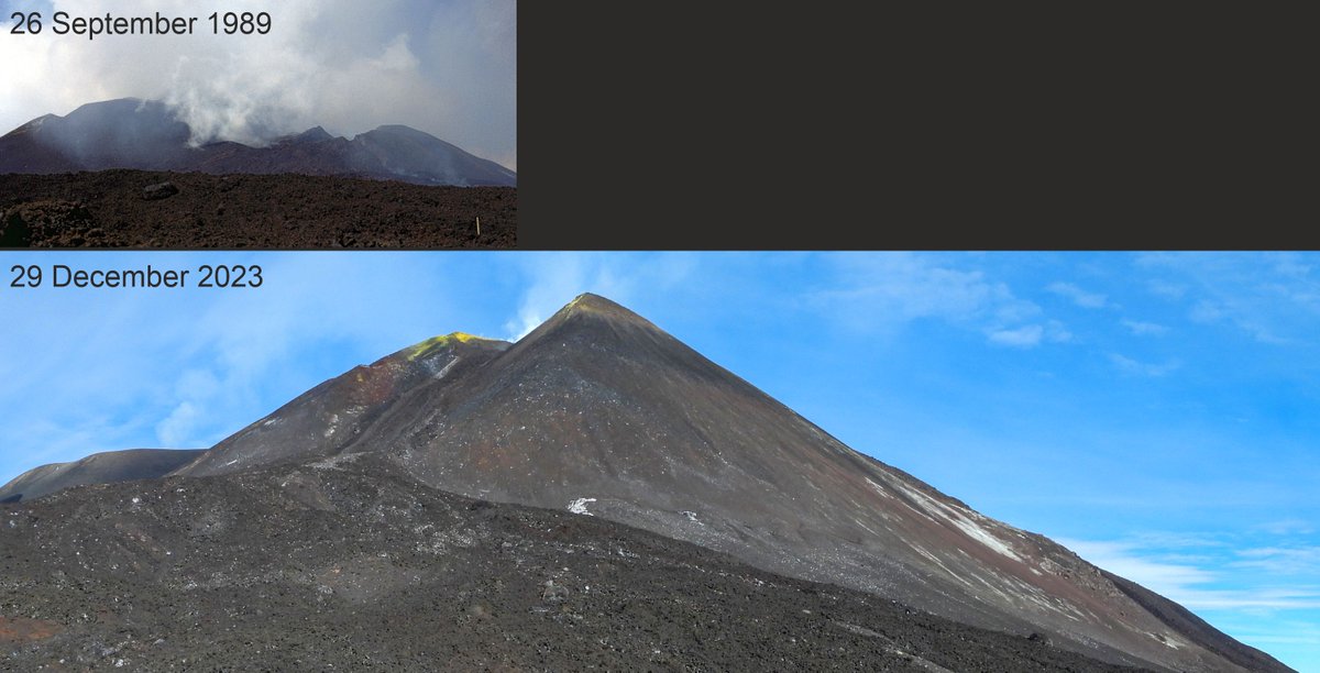 What makes #Etna such an exceptional volcano? Maybe most of all, the evolution of the youngest of its 4 summit craters, the Southeast Crater, in the past few decades. Here are 2 comparison photos, taken 26 September 1989 and 29 December 2023, from same site, at exactly same scale