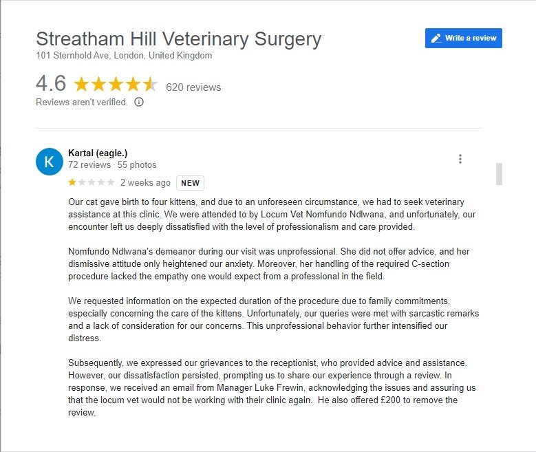 @GoogleMyBiz is it a breach of your terms to offer #cash to remove negative ratings like this #veterinarysurgery appears to be doing?