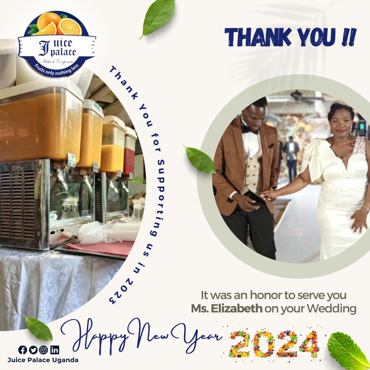JuicePalaceug's tweet photo. Kudos to you for hiring us in 2023
We wish you a fantastic fruity new year 2024 full of Joy, Merry not forgetting party times to make it Corporate with you.

JUICE Palace Uganda
#juicepalaceug
#depalacecoffee 
#mikoloug 
#weddings 
#mywedding 
#brideandgroom https://t.co/lxUzDARs47