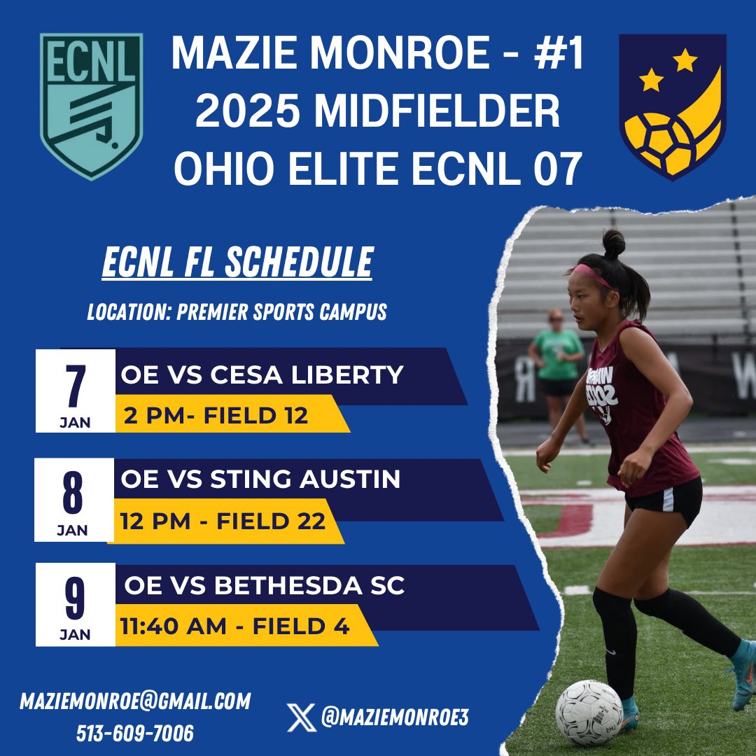Just 1️⃣ week until #ECNLFL!
Super excited to compete, hope you can come out and watch us play!
@ohioelite @ECNLgirls 
@ImYouthSoccer 
@ImCollegeSoccer