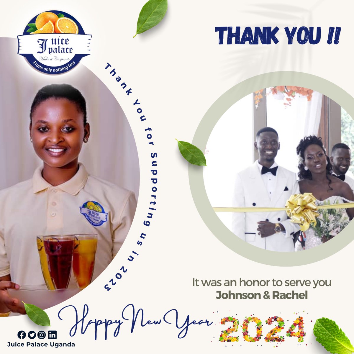 JuicePalaceug's tweet photo. Kudos to you for hiring us in 2023
We wish you a fantastic fruity new year 2024 full of Joy, Merry not forgetting party times to make it Corporate with you.

JUICE Palace Uganda
#juicepalaceug
#depalacecoffee 
#mikoloug 
#weddings 
#mywedding 
#brideandgroom https://t.co/2eGZ6gP74c