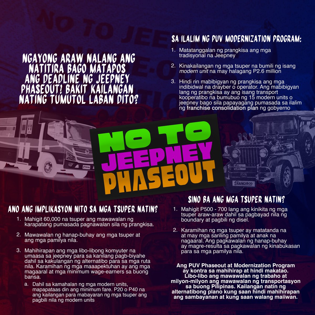 UST_SDP1981's tweet photo. The UST Students’ Democratic Party has joined in solidarity with our Jeepney Drivers from the beginning, from last year’s movement to junk the phaseout to the strikes of Jeepney drivers.

Until the very last day, we cry and shout: https://t.co/iXaJpHTxse