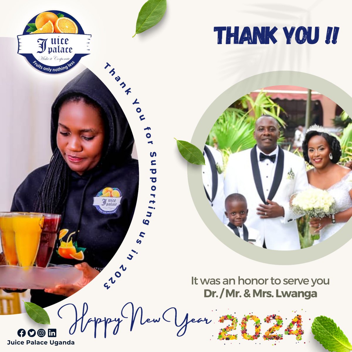 JuicePalaceug's tweet photo. Kudos to you for hiring us in 2023
We wish you a fantastic fruity new year 2024 full of Joy, Merry not forgetting party times to make it Corporate with you.

JUICE Palace Uganda
#juicepalaceug
#depalacecoffee 
#mikoloug 
#weddings 
#mywedding 
#brideandgroom https://t.co/UGFeJvWLSj
