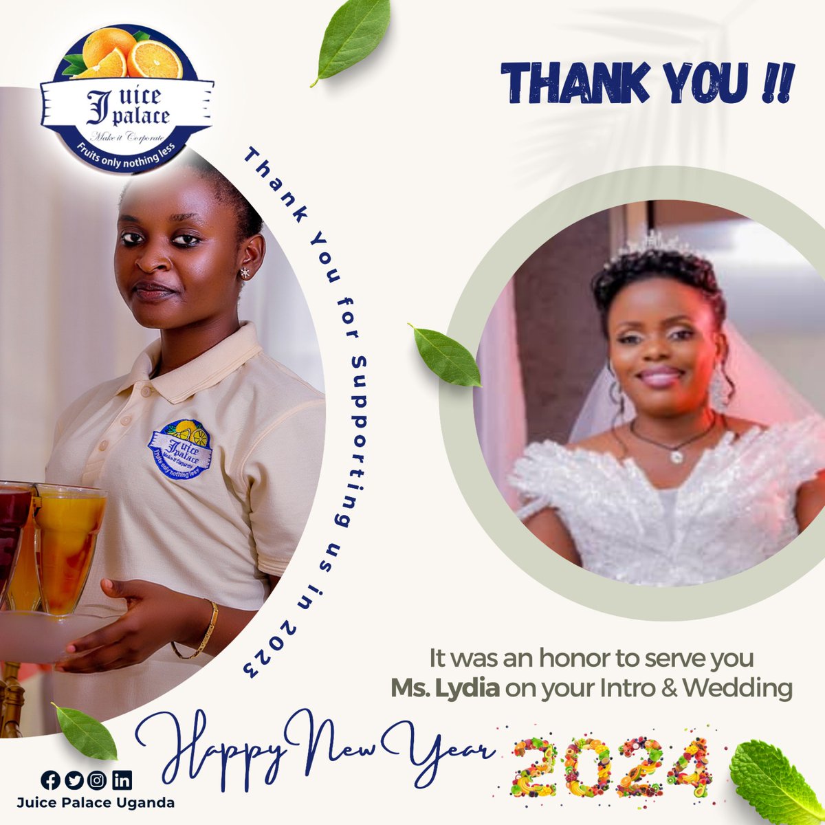 JuicePalaceug's tweet photo. Kudos to you for hiring us in 2023
We wish you a fantastic fruity new year 2024 full of Joy, Merry not forgetting party times to make it Corporate with you.

JUICE Palace Uganda
#juicepalaceug
#depalacecoffee 
#mikoloug 
#weddings 
#mywedding 
#brideandgroom https://t.co/RISQWhtM5I